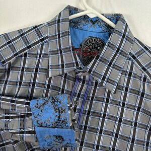 Robert Graham Shirt Mens XL Gray Blue Plaid Long Sleeve Button Front Flip Cuff